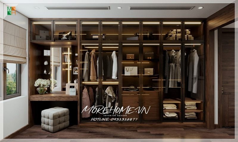 Bàn trang điểm gỗ tự nhiên liền tủ quần áo góc làm đẹp riêng thoải mái sử dụng chuẩn bị chỉnh chu trước khi đi ra ngoài.
